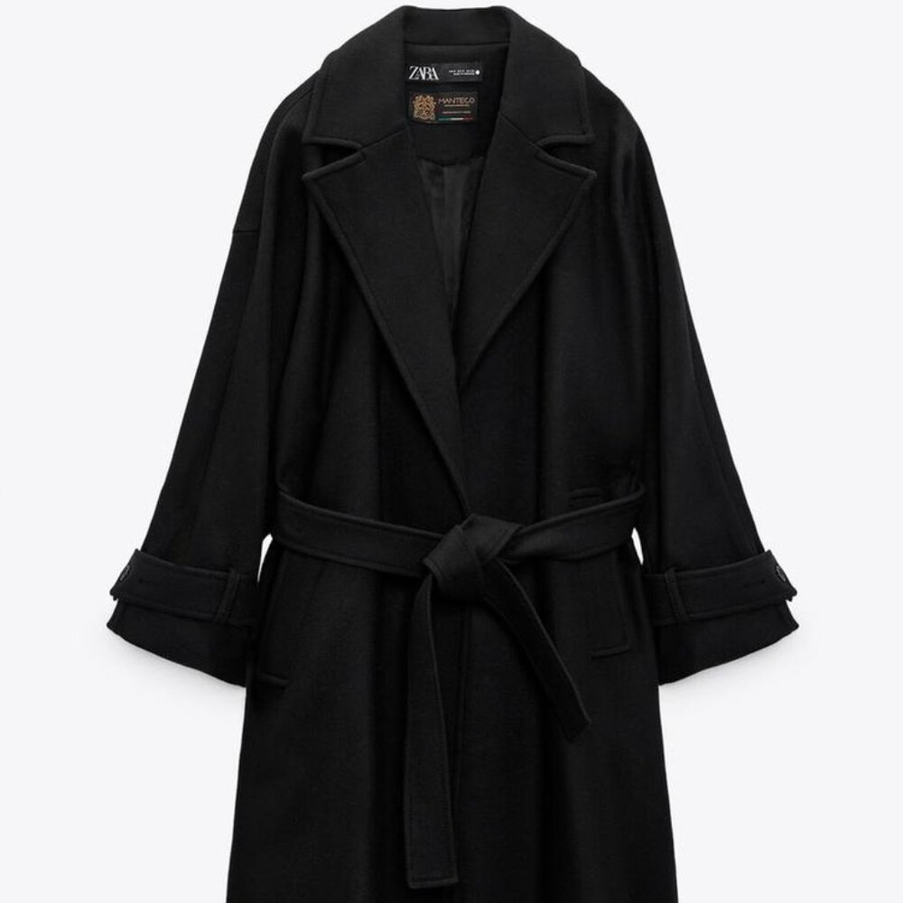 Zara Black Belted Wool-Blend Long Coat